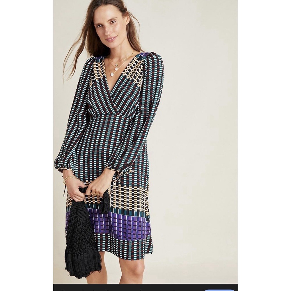 Anthropologie Gianna Geometric Long‎ Sleeve Faux Wrap Dress 4 Boho